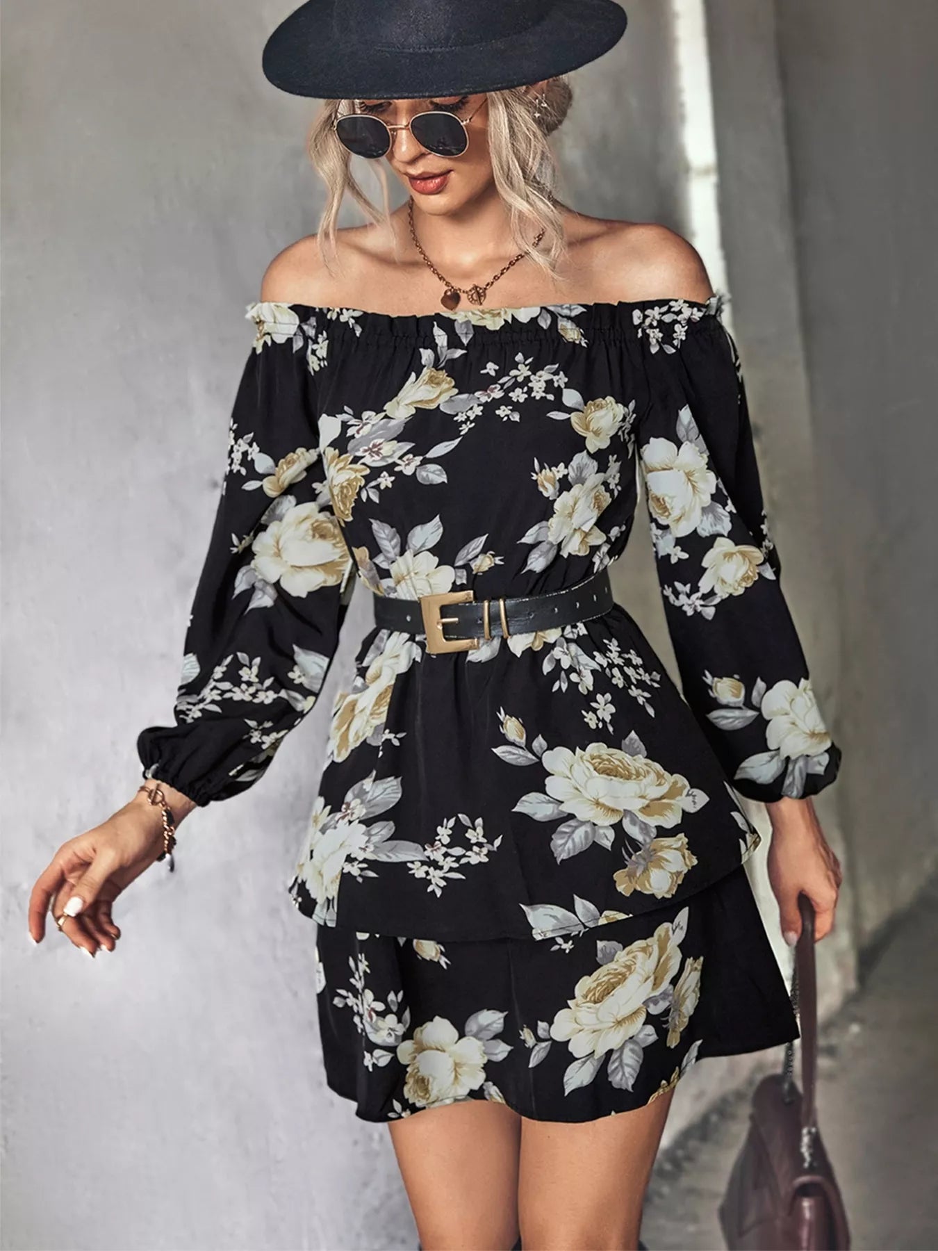 Floral Print Off-Shoulder Ruffled Mini Dress