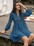 Notched Neck Balloon Sleeve Ruched Mini Dress