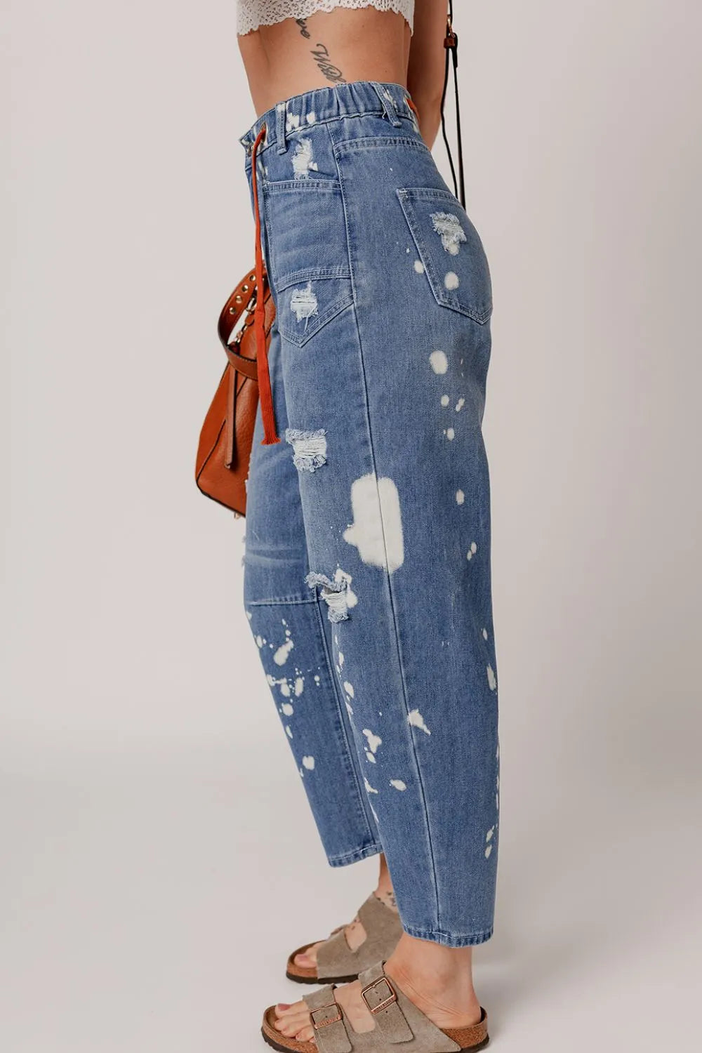 Distressed Splatter Paint Cropped Straight Jeans with Drawstring Waist