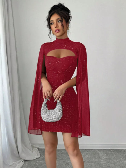 Glitter Cutout Bodycon Mini Dress with Cape Sleeves Red
