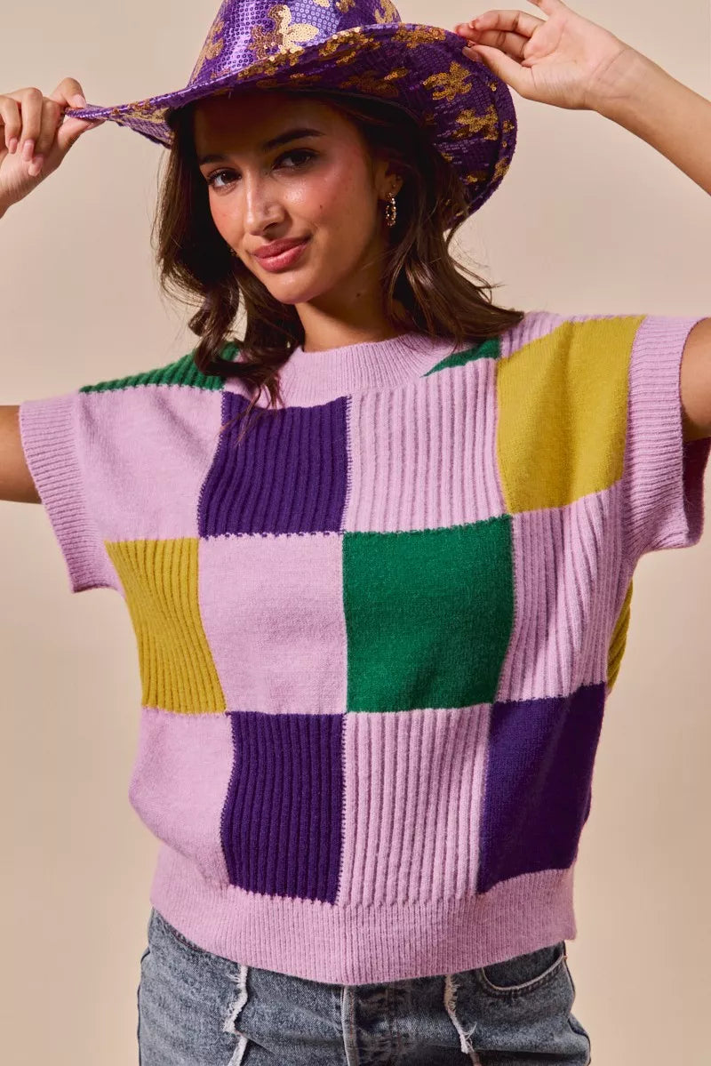 SO ME Mardi Gras Check Plaid Casual Knit Sweater Top