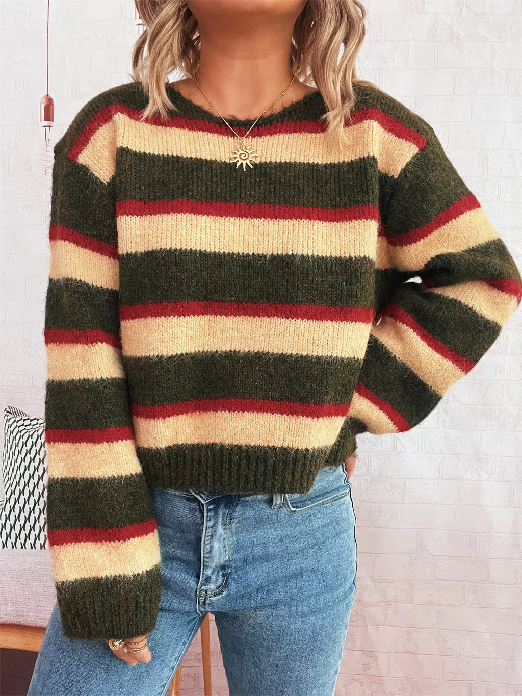 Striped Ribbed Round Neck Long Sleeve Sweater