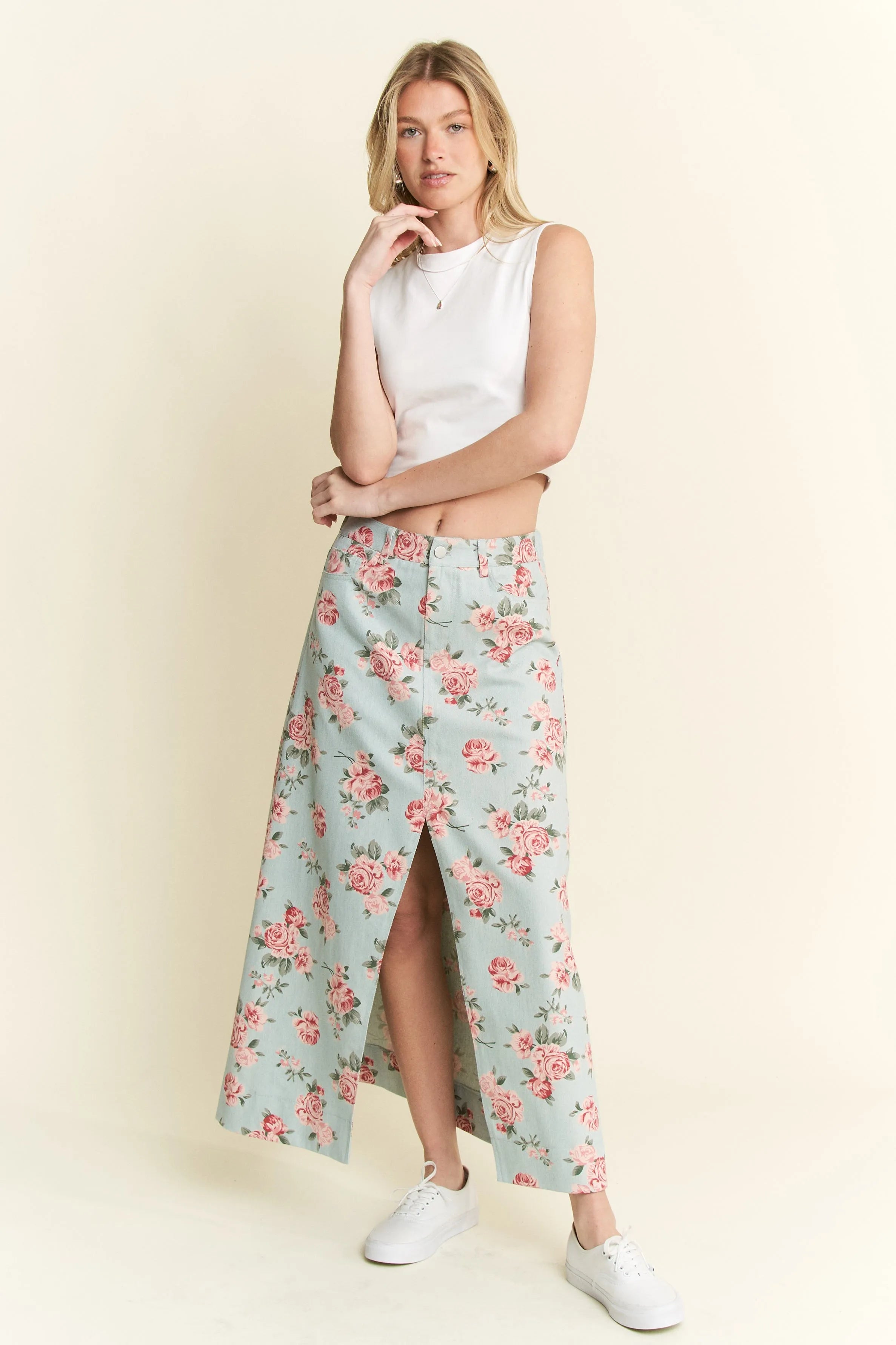 Jade By Jane Full Size Floral Print Front Slit Denim Maxi Skirt Floral
