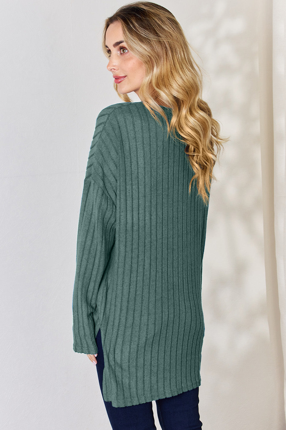 Basic Bae Ribbed Half Button Long Sleeve High-Low T-Shirt