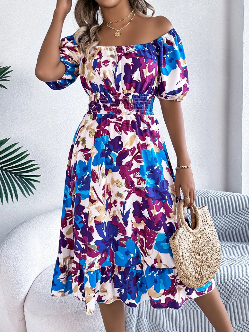 Smocked Ruffle Hem Floral Midi Dress