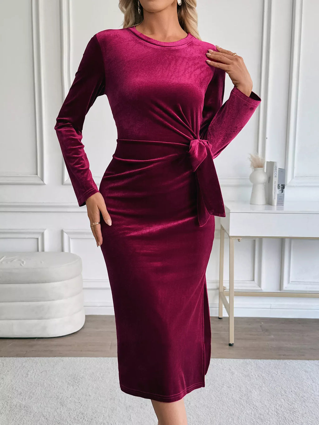 Velvet Side-Tie Slit Long Sleeve Dress