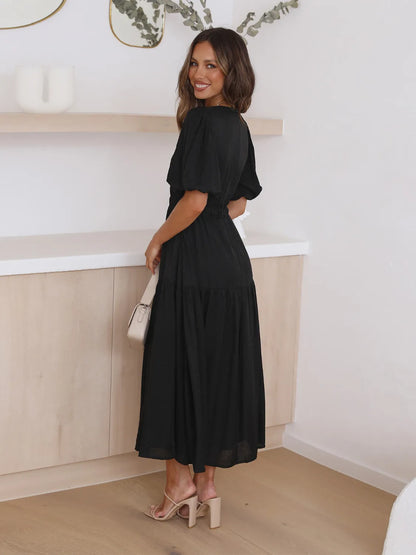 Tiered Surplice Midi Dress with Half Sleeves
