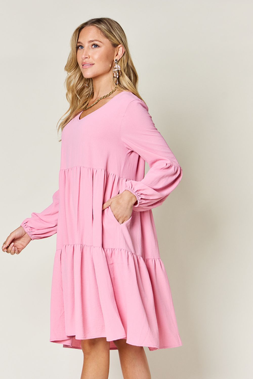 Full Size V-Neck Tiered Balloon Sleeve Dress with Pockets