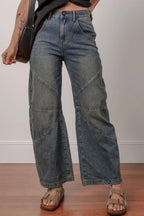 Exposed Stitching High Waist Straight Leg Jeans