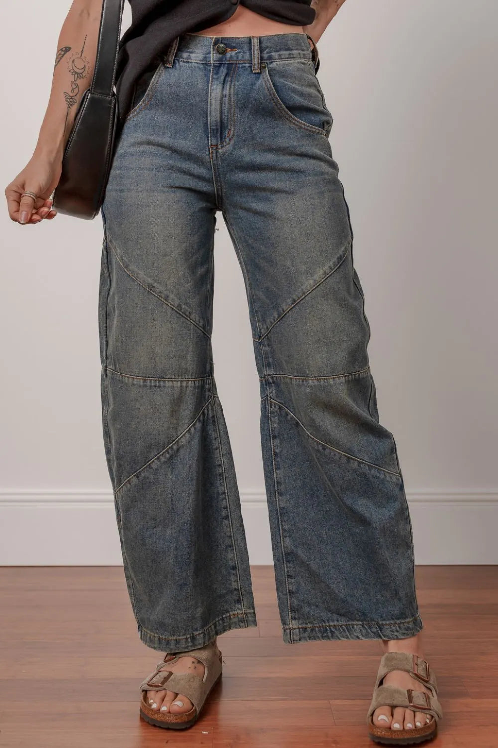 Exposed Stitching High Waist Straight Leg Jeans