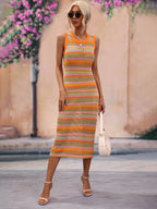 CoastEase Striped Sleeveless Round Neck Cover-Up Midi Dress