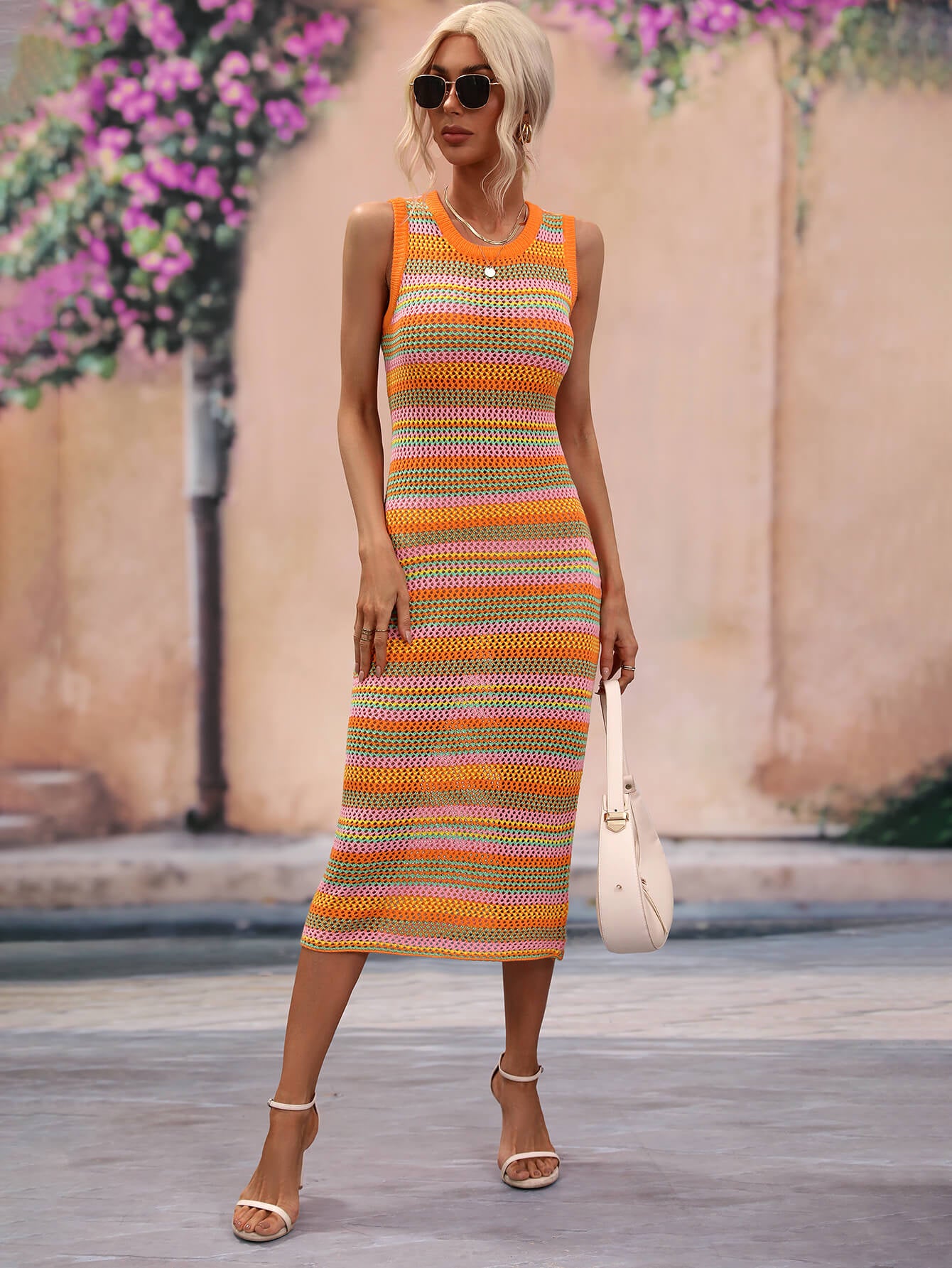 CoastEase Striped Sleeveless Round Neck Cover-Up Midi Dress
