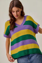 SO ME Mardi Gras Loose-Fit V-Neck Striped Sweater Top