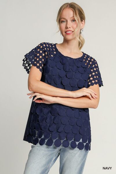 Umgee Full-Size Mixed Polka Dot Lace Raglan Sleeve Boxy Top Dark Blue