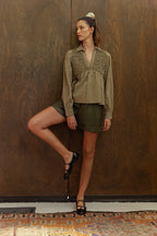 Annie Wear Smocked Front Babydoll Blouse with Long Sleeves