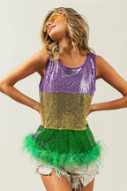BiBi Mardi Gras Color Block Sequin Top with Faux Feather Hem