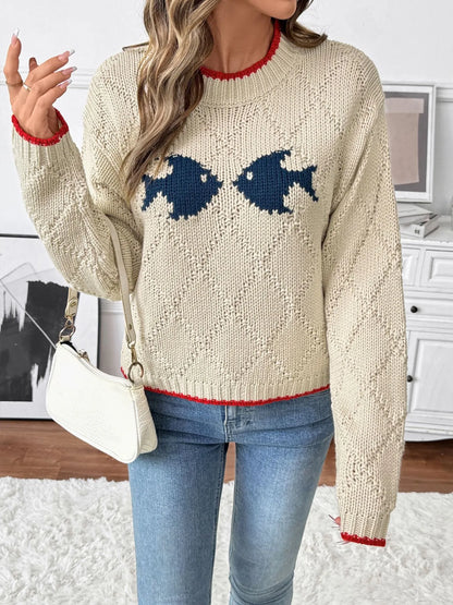 Cozy Fish Pattern Round Neck Sweater