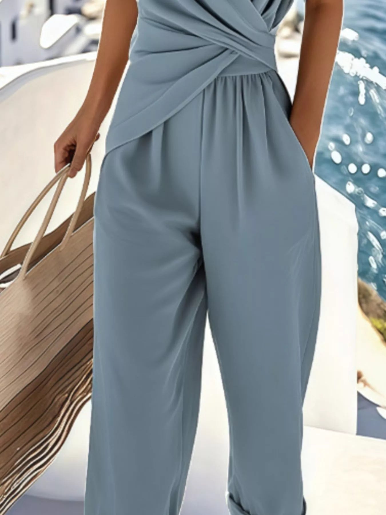 Full Size Surplice V-Neck Short Sleeve Top & Pants Set – Plus Size