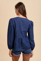 Annie Wear Tie-Front Peplum Denim Blouse - Chic & Feminine