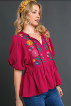 Floral Embroidery Babydoll Blouse - Soft Cotton Gauze, Boho Chic