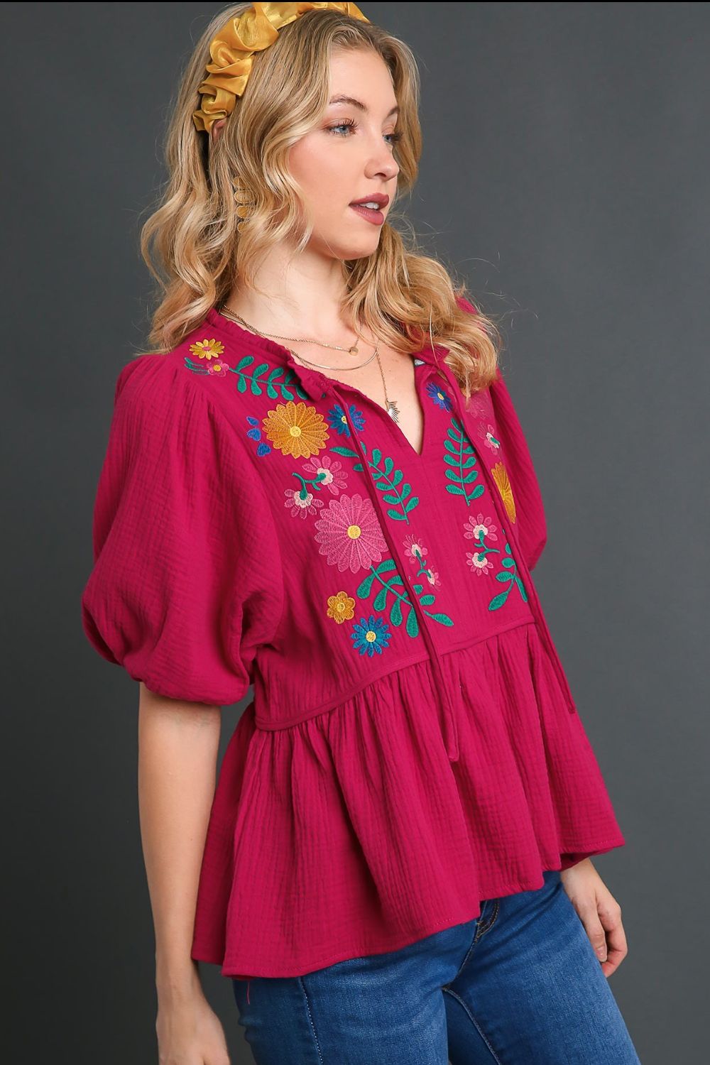 Floral Embroidery Babydoll Blouse - Soft Cotton Gauze, Boho Chic