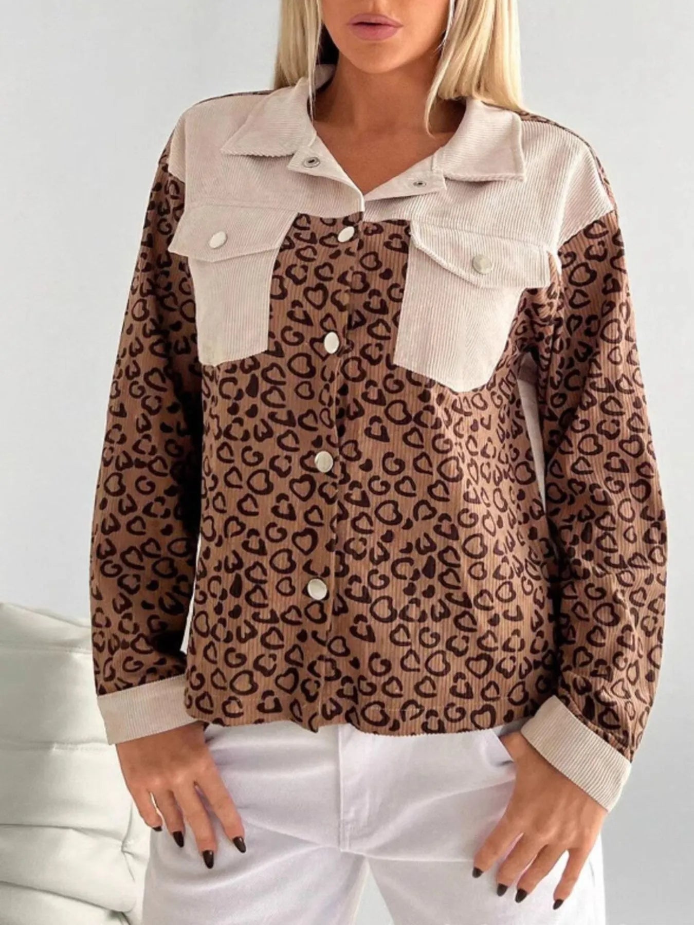 Leopard Print Long Sleeve Utility Jacket with Chest Pockets