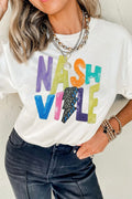 Lightning NASHVILLE Sequin Round Neck T-Shirt White
