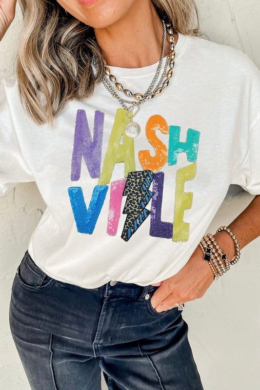 Lightning NASHVILLE Sequin Round Neck T-Shirt White