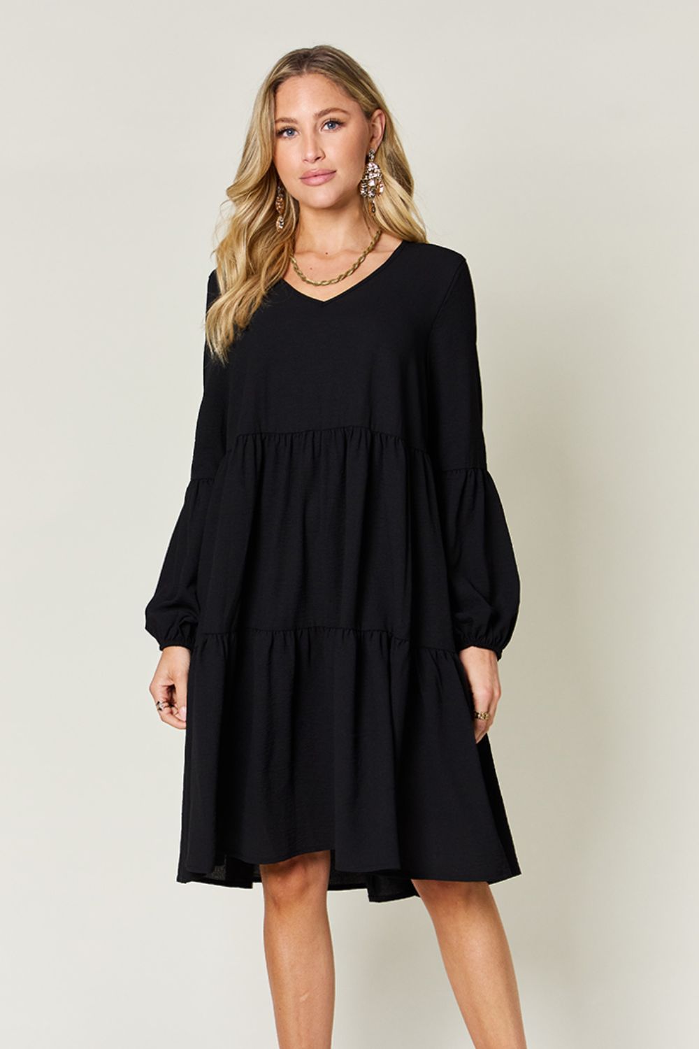 Full Size V-Neck Tiered Balloon Sleeve Dress with Pockets Black