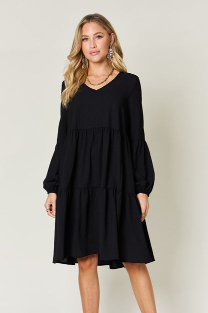 Full Size V-Neck Tiered Balloon Sleeve Dress with Pockets Black