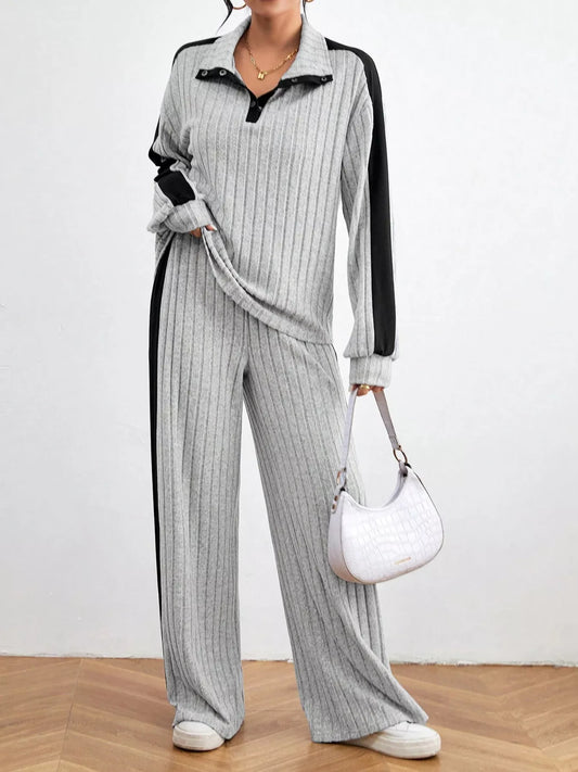 Ribbed Two-Piece Long Sleeve Top & Pants Set Light Gray