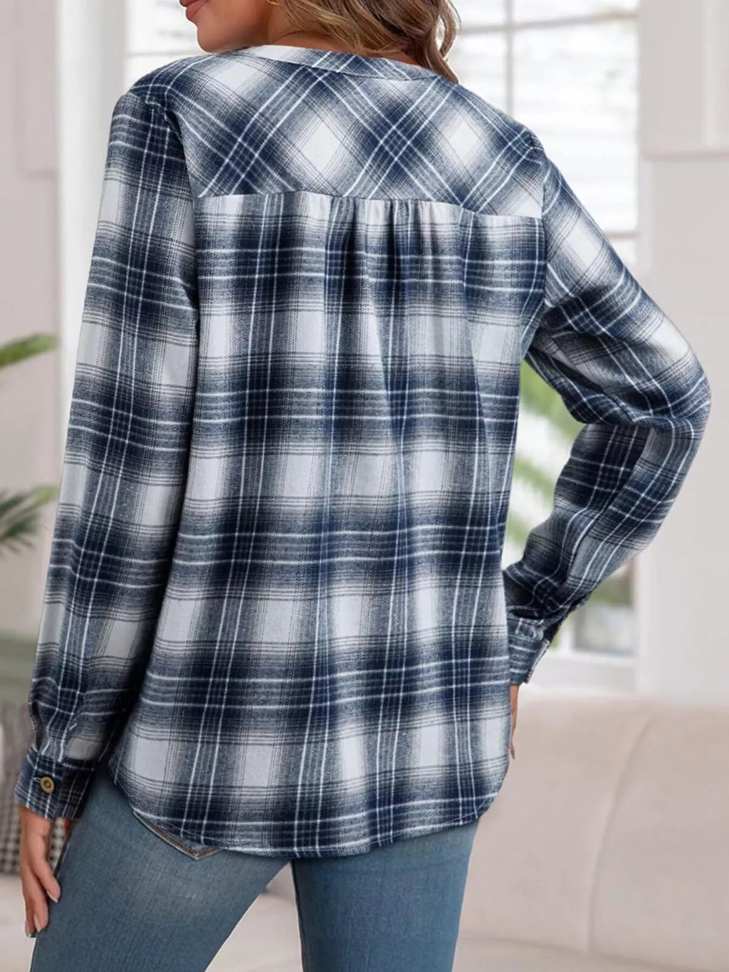 Classic Plaid Half Button Long Sleeve Blouse