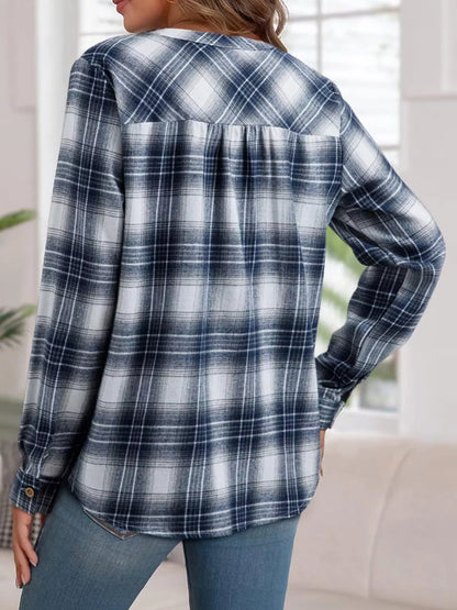 Classic Plaid Half Button Long Sleeve Blouse