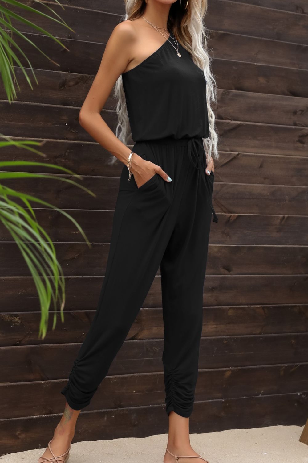 One-Shoulder Drawstring Waist Jumpsuit with Pockets