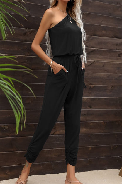 One-Shoulder Drawstring Waist Jumpsuit with Pockets