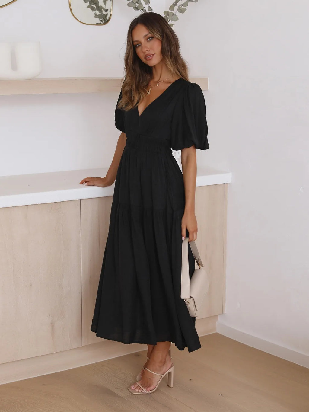 Tiered Surplice Midi Dress with Half Sleeves