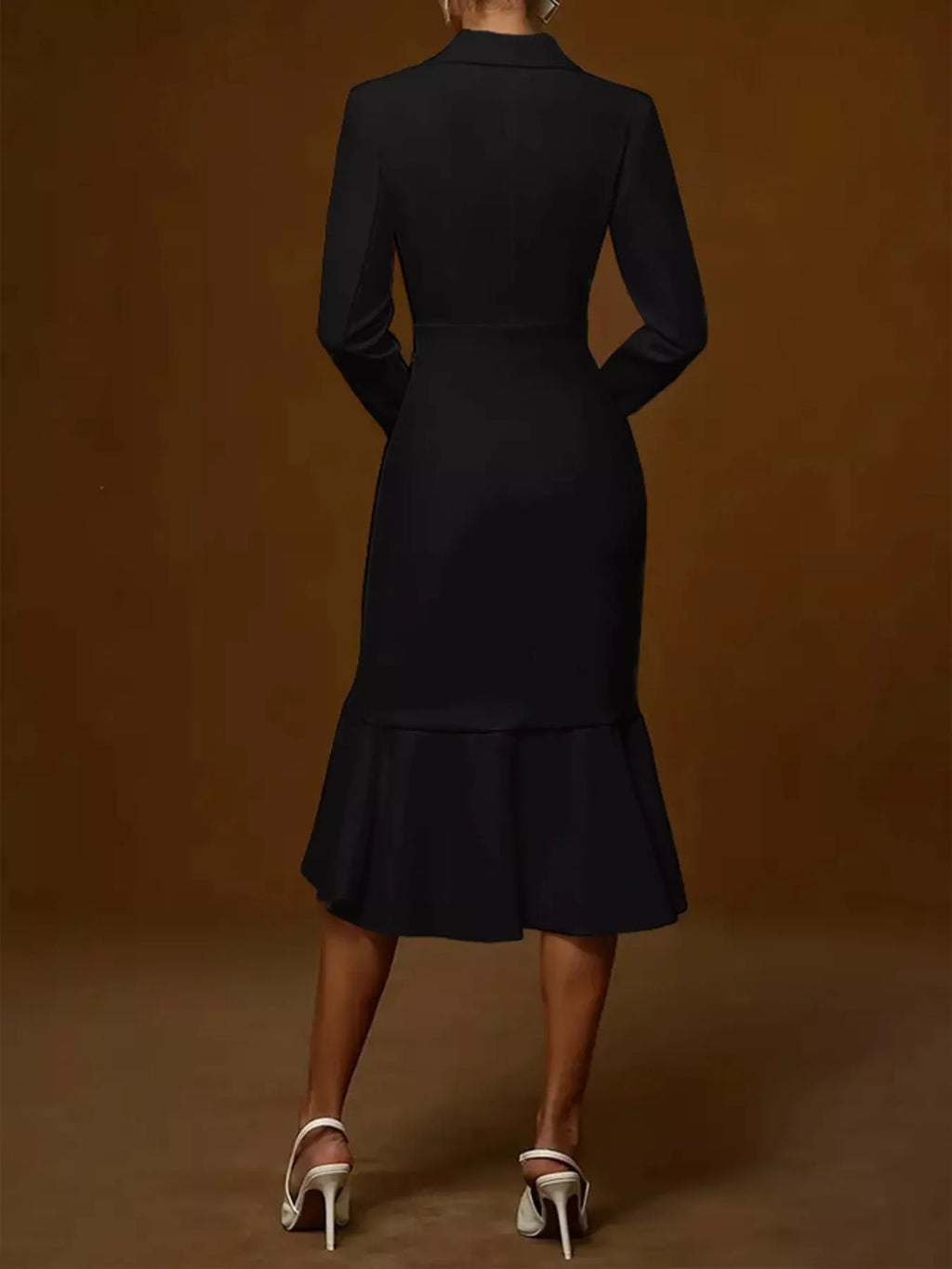 Elegant Ruffled Hem Long Sleeve Cotton Blazer Midi Dress