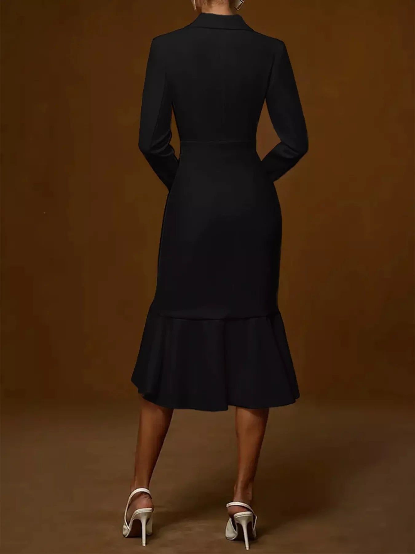 Elegant Ruffled Hem Long Sleeve Cotton Blazer Midi Dress