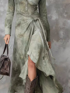 High-Low Ruffled Long Sleeve Tie-Waist Dress