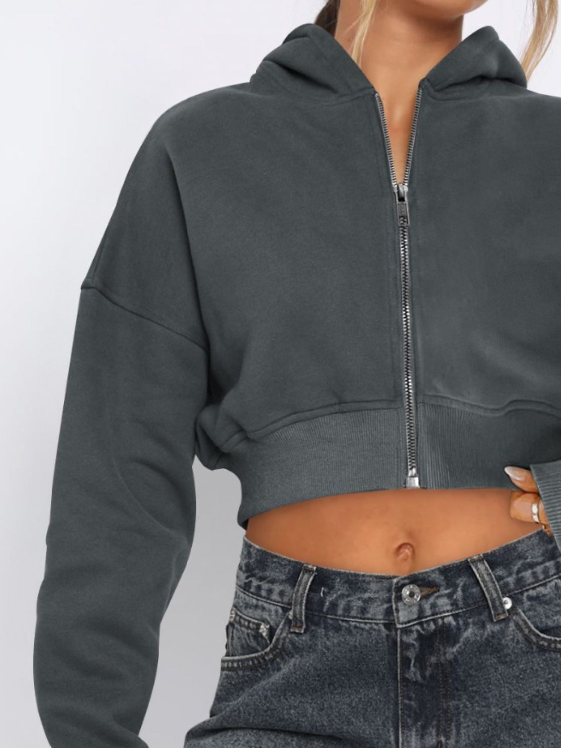 Zip-Up Long Sleeve Hooded Cropped Jacket