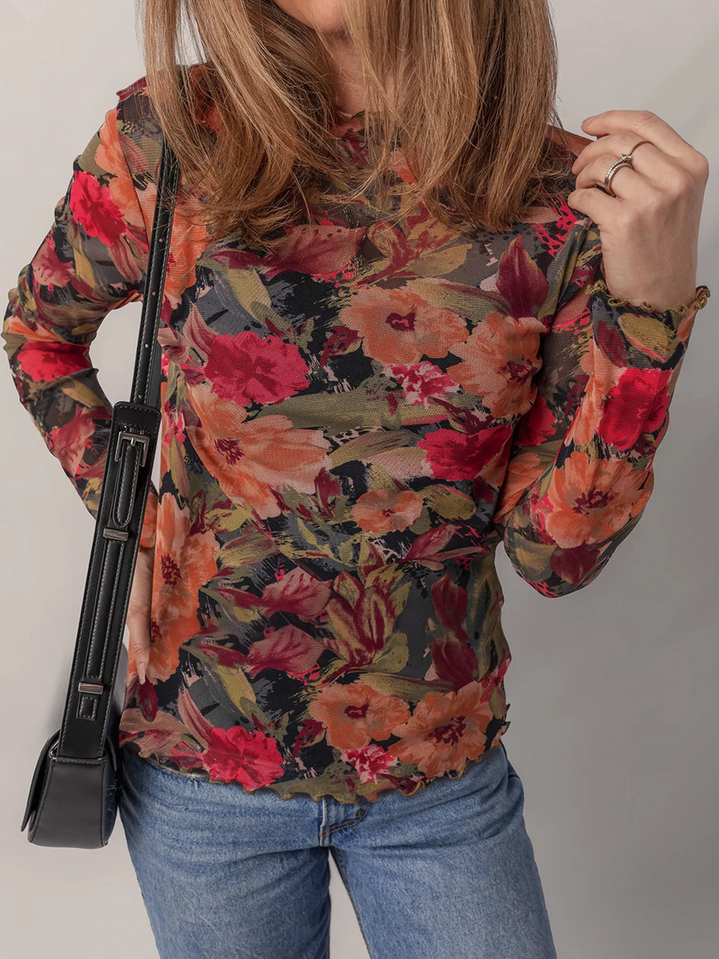 Floral Print Mesh Top with Lettuce Trim