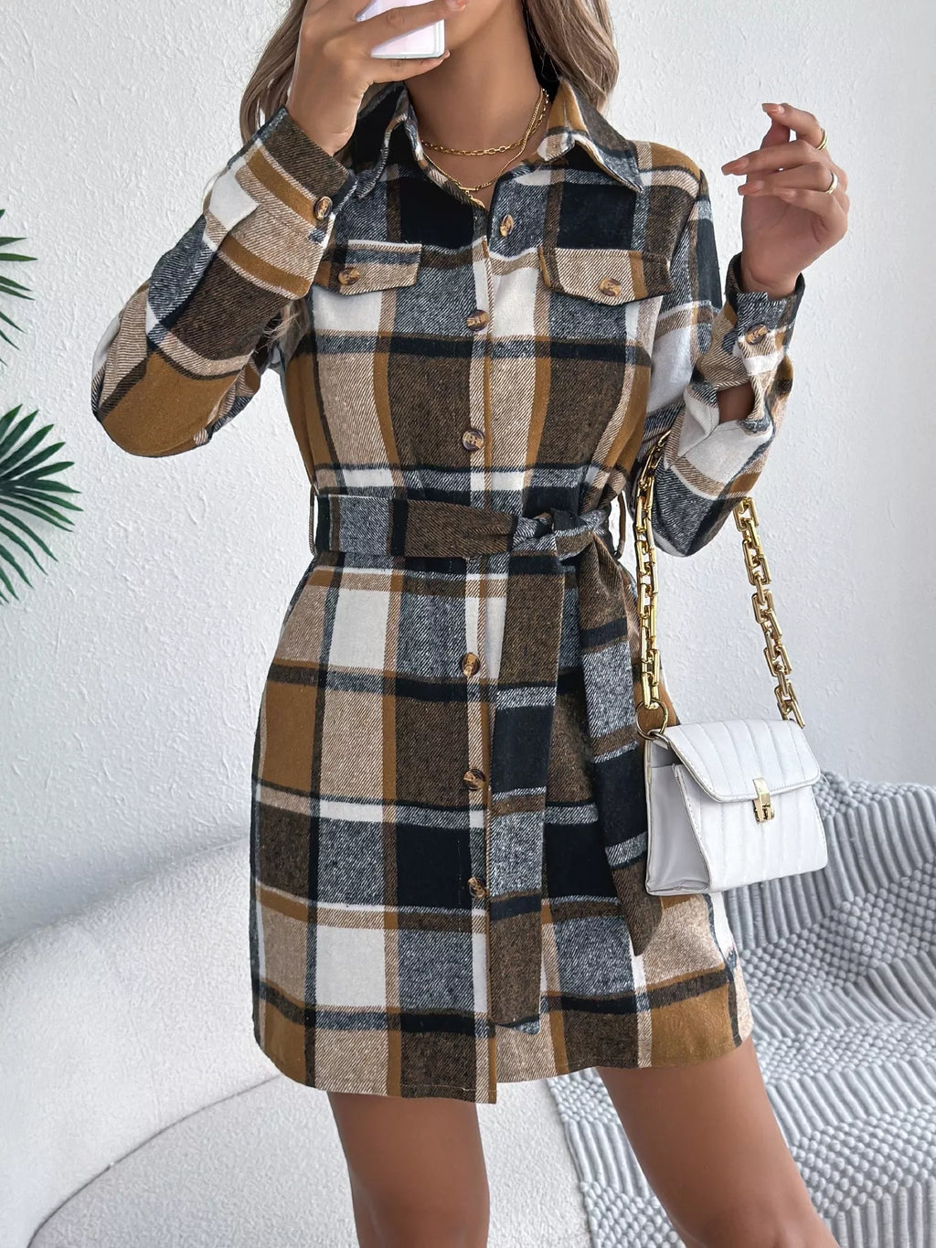 Plaid Button-Front Tie Waist Shirt Dress