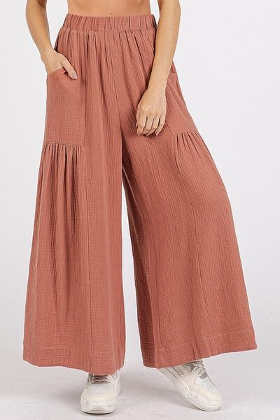 Mittoshop Gauze Elastic Waist Pleated Wide Leg Pants Sienna