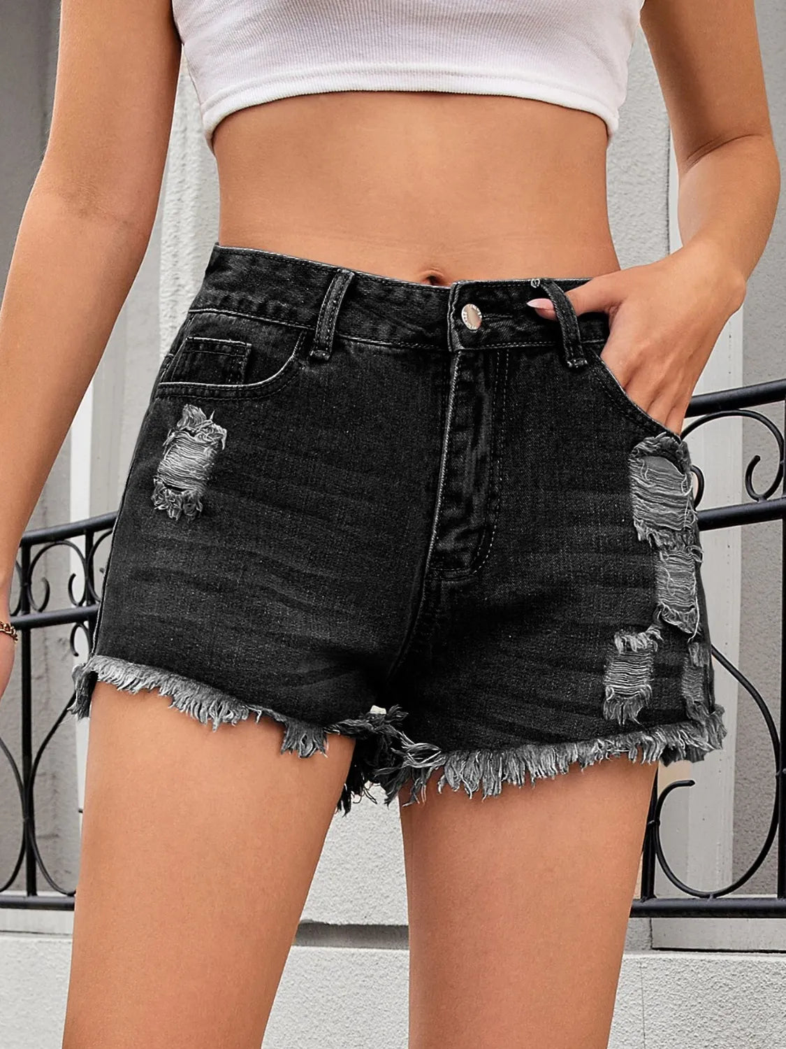 Edgy Raw Hem Distressed Denim Shorts Black