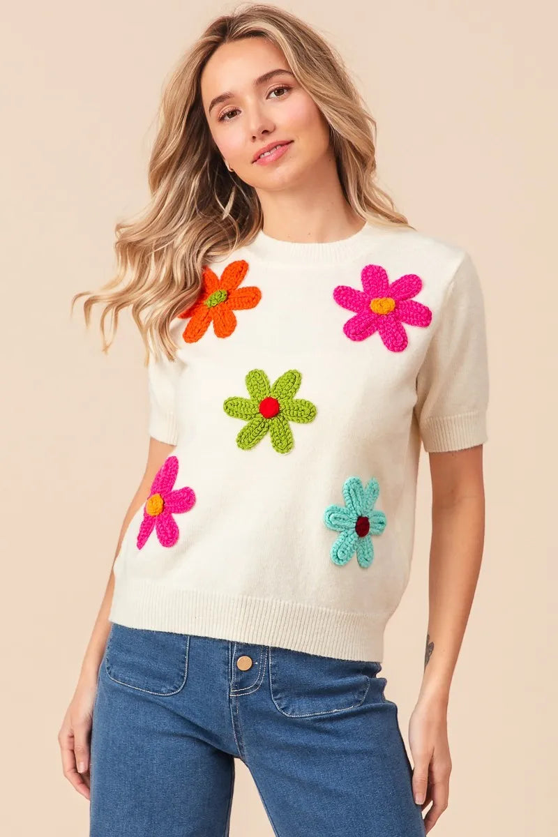 BiBi Crochet Daisy Patch Knit Sweater Top