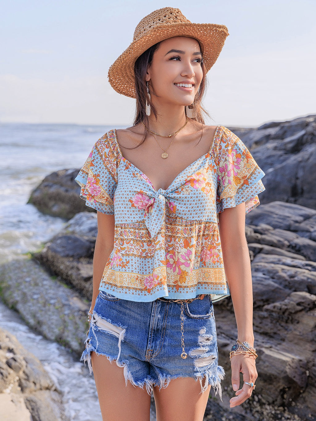 Printed Sweetheart Neck Layered Short Sleeve Blouse