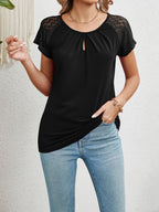 Elegant Round Neck Lace Top - Semi-Sheer Short Sleeve Blouse