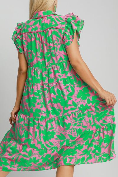 Umgee Full Size Floral Collared Ruffle Cap Sleeve Midi Dress