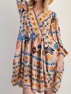 Bohemian Floral Print Ruched Long Sleeve Pocketed Mini Dress Apricot