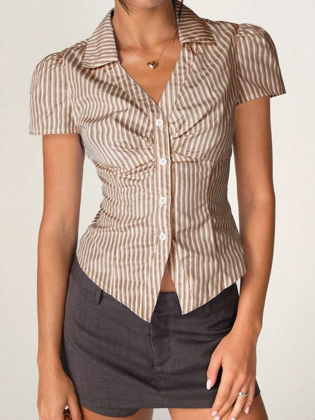 Striped Short Sleeve Button-Up Shirt with Collared Neck